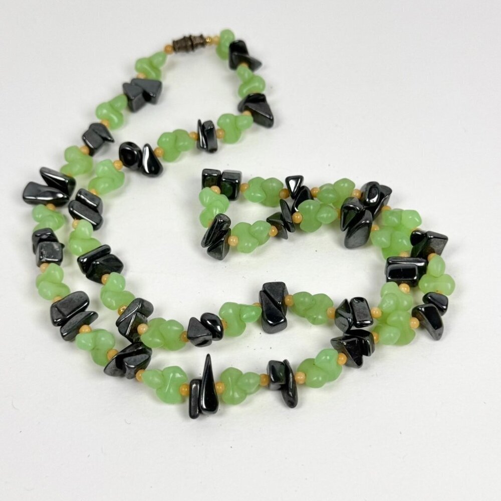 Vintage Green Jade Hematite Beaded Necklace Gemstone Boho Whimsigoth